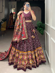 Glamorous Wine Bandhani Printed Tussar Silk Lehenga Choli With Dupatta