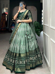 Marvelous Green Digital Print Silk Mehendi Wear Lehenga Choli With Dupatta