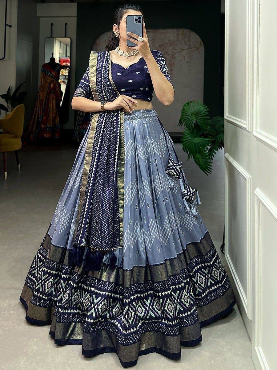 Blue printed lehenga choli with geometric patterns, perfect for ethnic wear and festive occasions.
