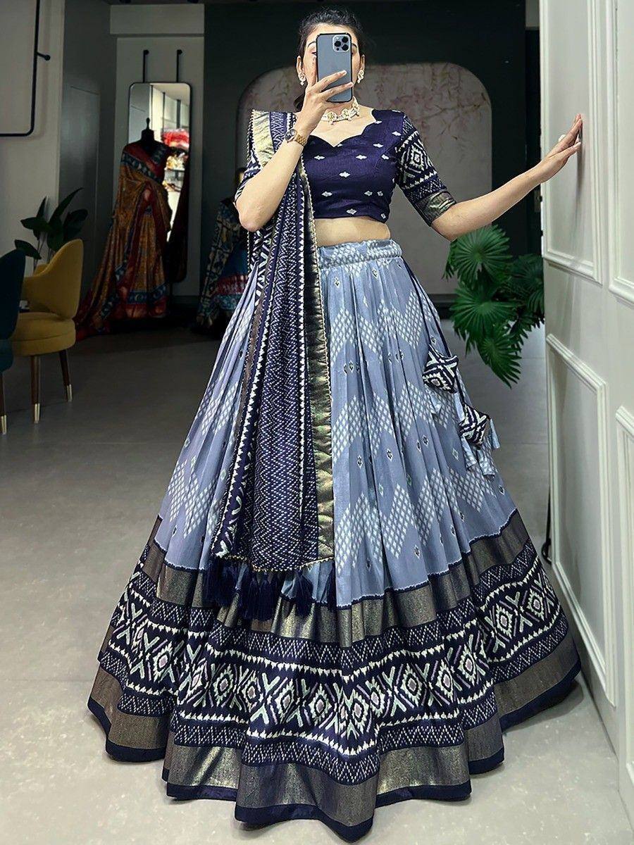 Blue printed lehenga choli with geometric patterns, perfect for Indian ethnic wear occasions