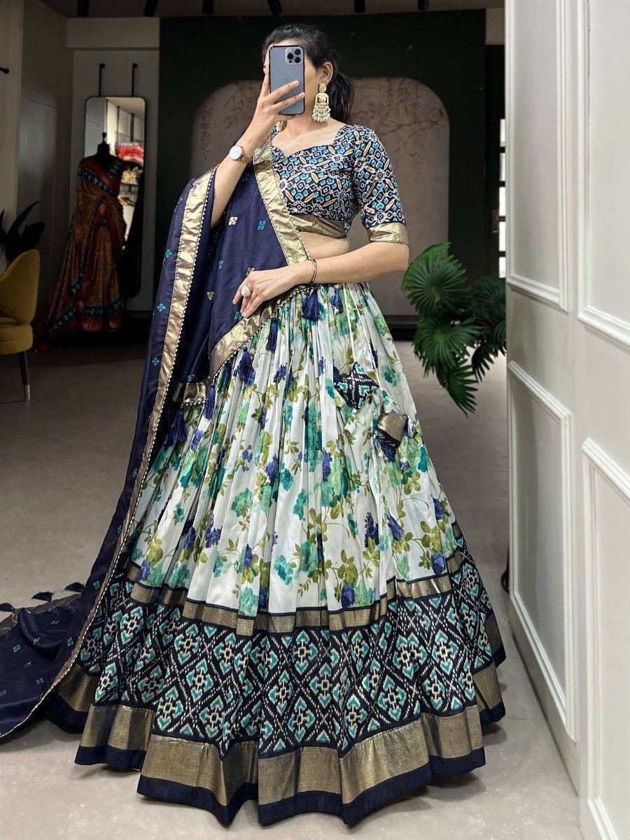 Floral print lehenga choli with navy dupatta, ethnic Indian wear for weddings and parties
