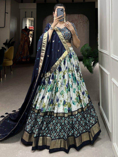 Beautiful White & Blue Floral Printed Tussar Silk Traditional Lehenga Choli