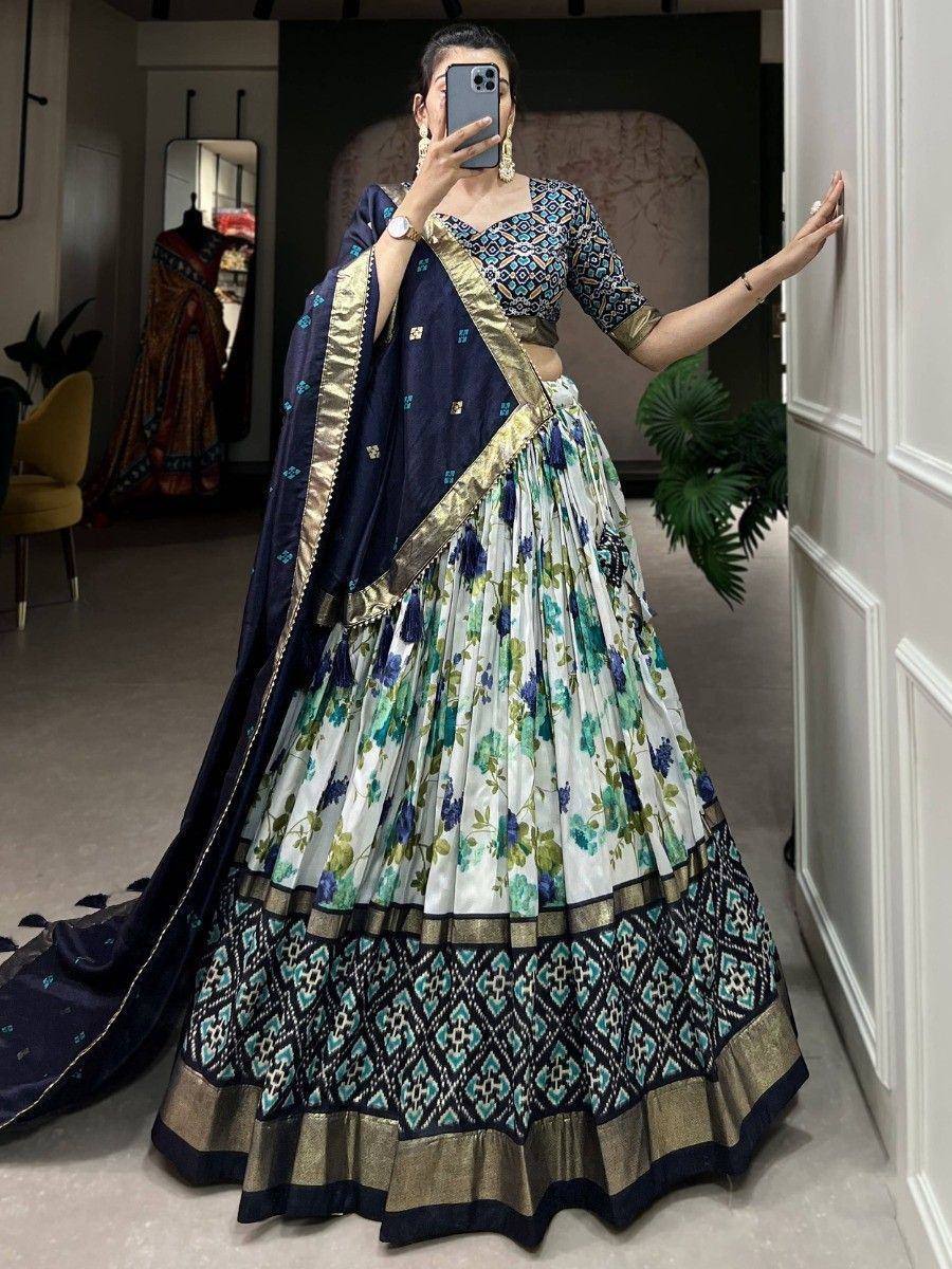 Floral print lehenga choli with navy dupatta, ethnic Indian wear for weddings and parties