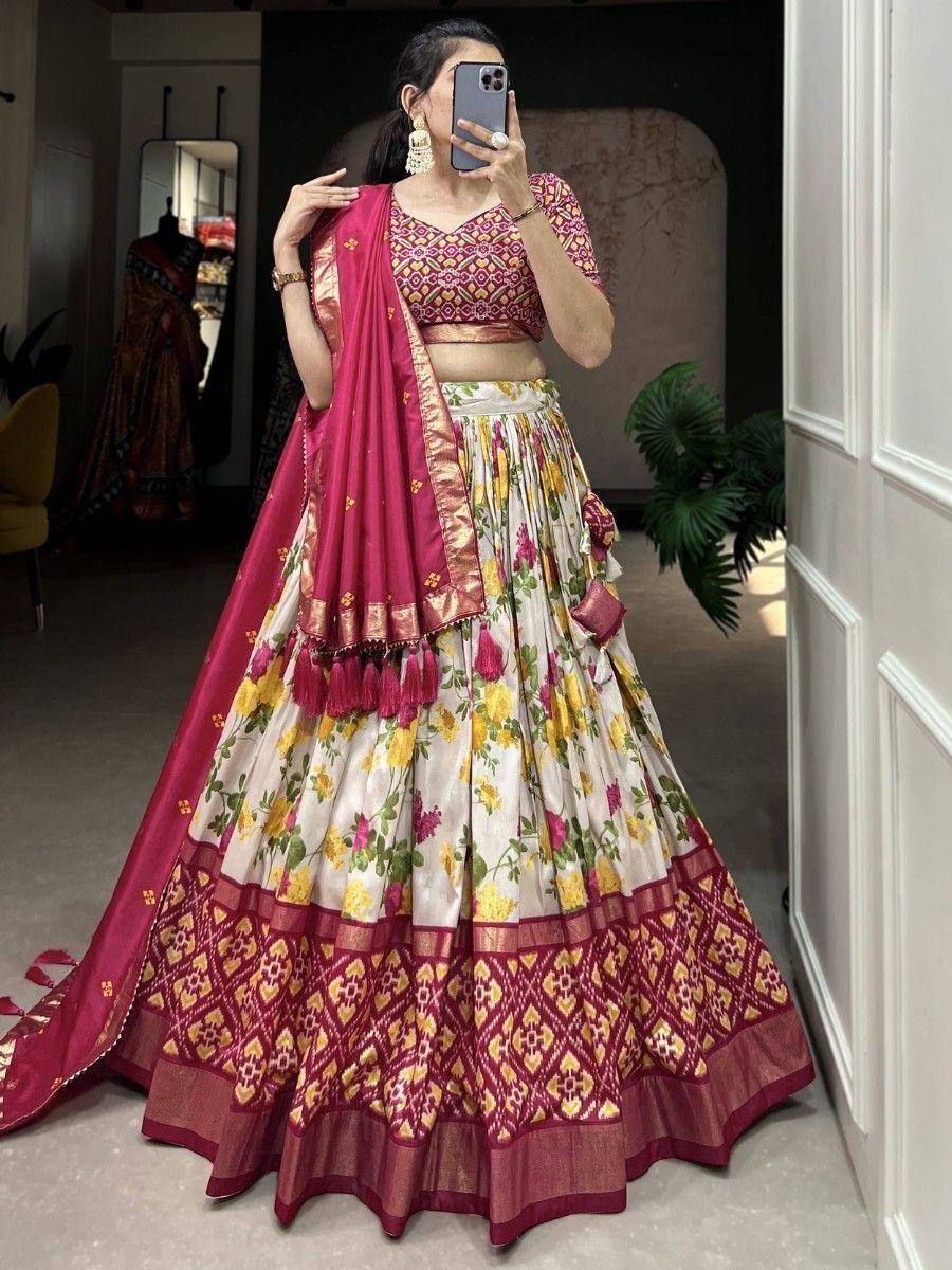 Floral print lehenga choli with maroon dupatta, ethnic Indian wear for women