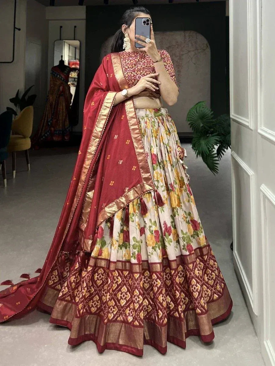 Floral print lehenga choli with red dupatta, ethnic Indian wear for weddings and festivals
