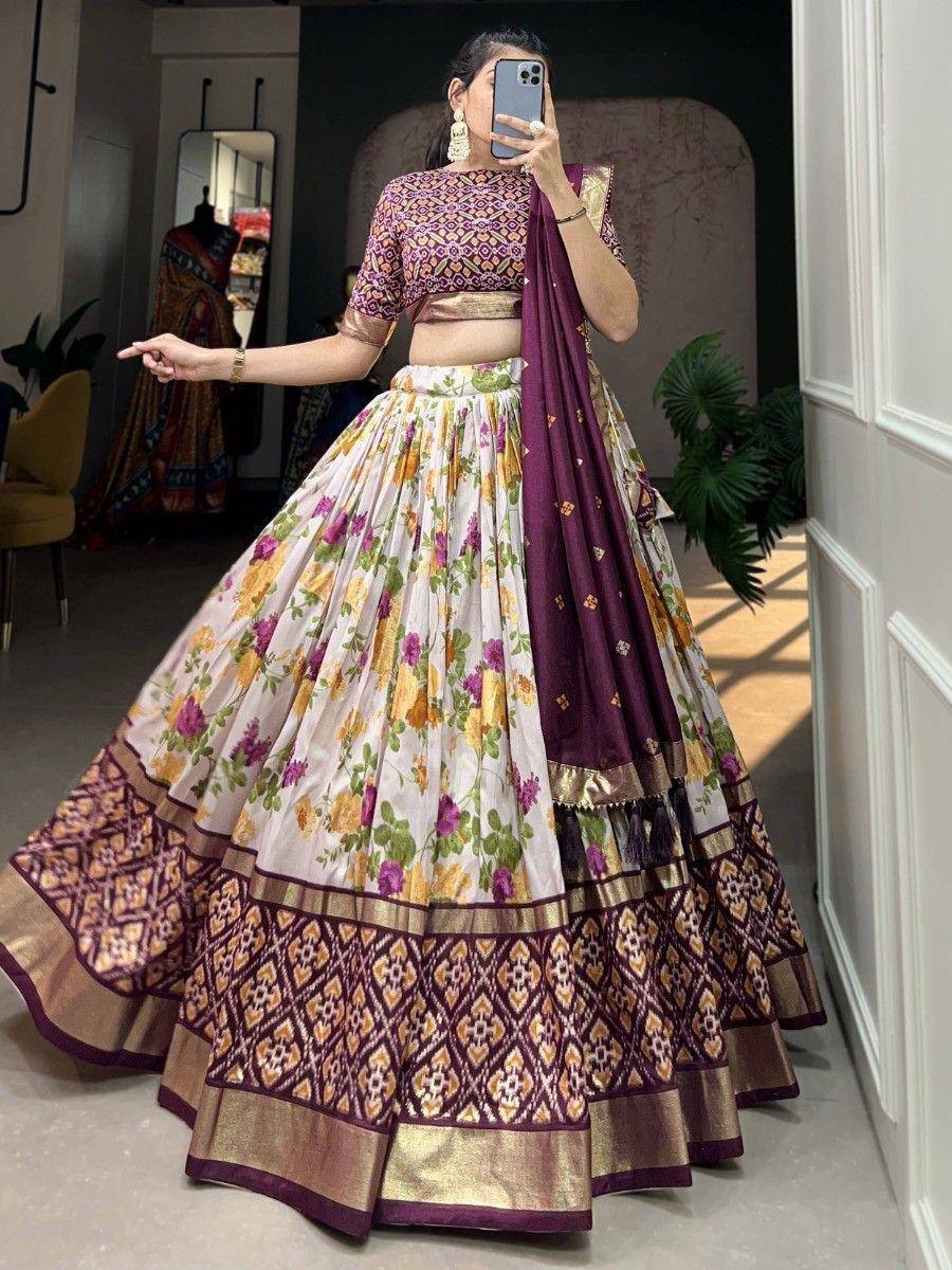 Floral print lehenga choli with purple dupatta, ethnic Indian wear for women