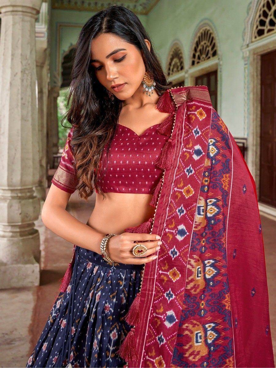Maroon and navy blue ethnic lehenga choli with printed dupatta, perfect for Indian weddings and festivals