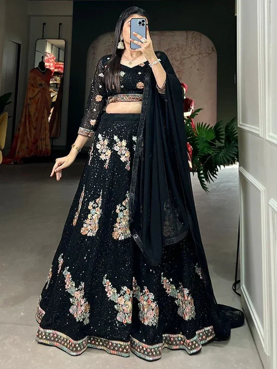 Black floral embroidered lehenga choli with dupatta, perfect for Indian ethnic occasions and weddings