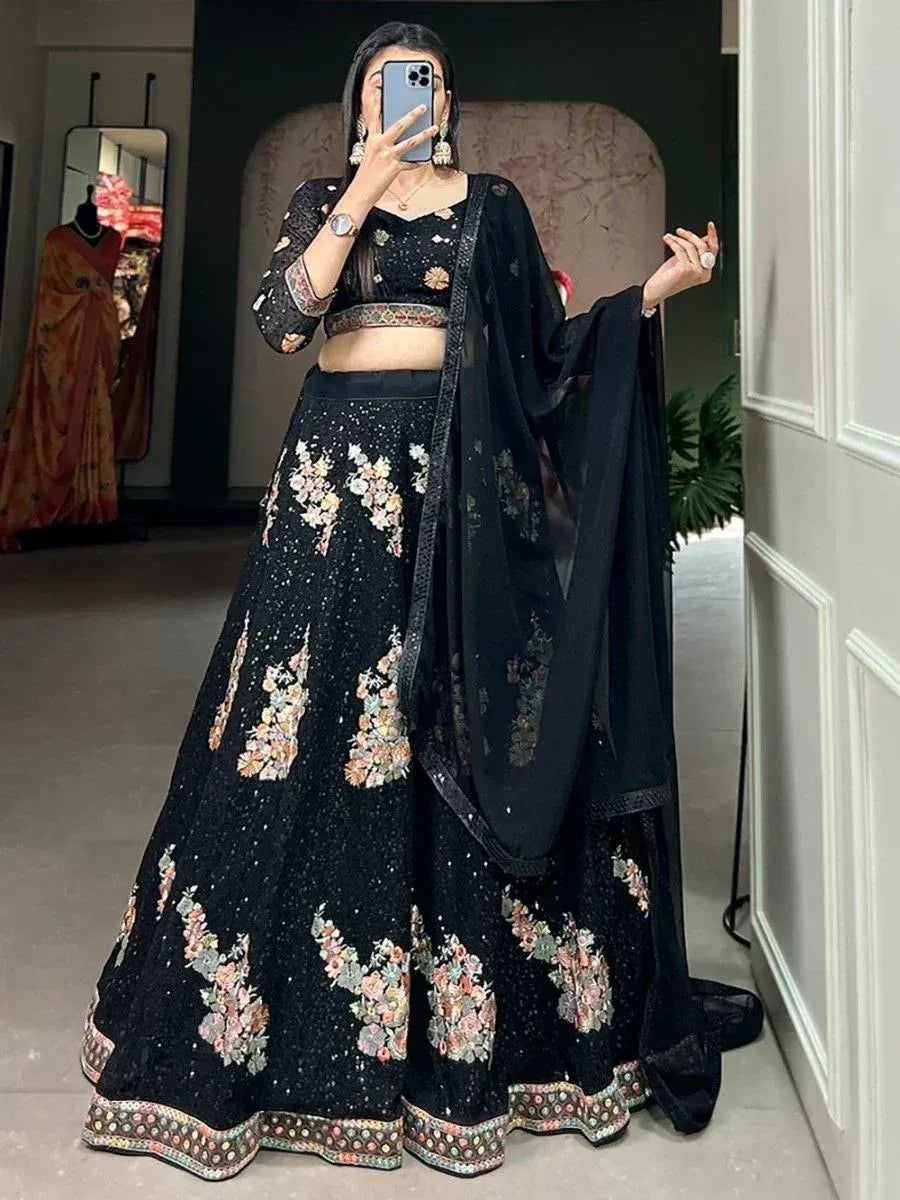Black floral embroidered lehenga choli with dupatta, Indian ethnic wear for women