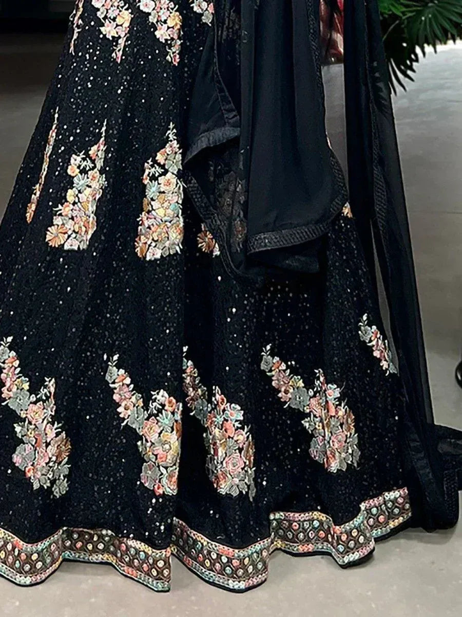 Black floral embroidered lehenga with sequins and colorful border, Indian ethnic wear