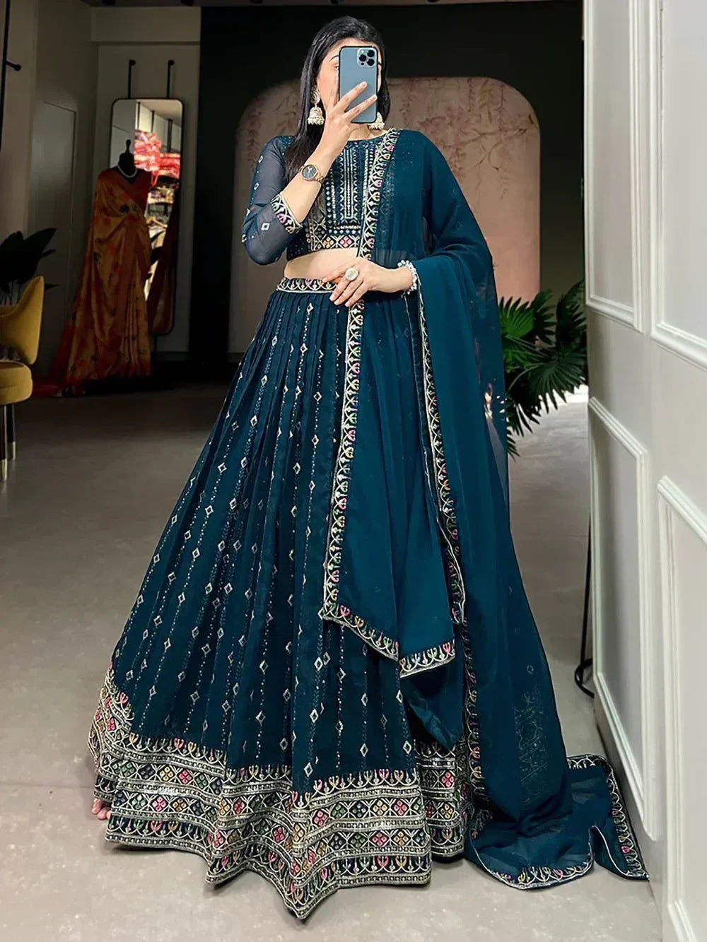 Teal embroidered lehenga choli with dupatta, Indian ethnic wear for weddings and parties