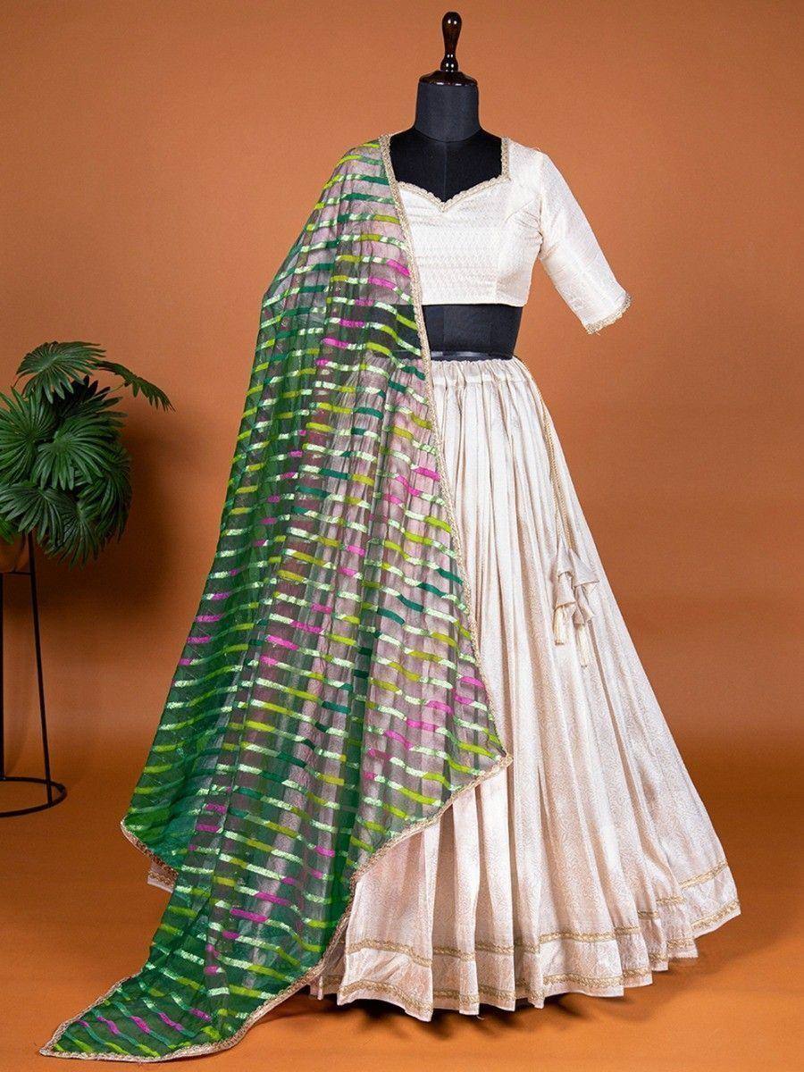 Cream lehenga choli with green and pink striped dupatta, ethnic Indian wear for women