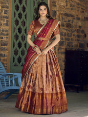 Stunning Brown Zari Weaving Jacquard Traditional Half Saree Lehenga