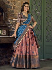 Alluring Pink & Blue Zari Woven Jacquard Event Wear Half Saree Lehenga