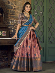 Alluring Pink & Blue Zari Woven Jacquard Event Wear Half Saree Lehenga