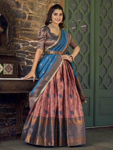 Alluring Pink & Blue Zari Woven Jacquard Event Wear Half Saree Lehenga