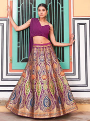 Charming Purple Zari Weaving Silk Indo-Western Crop Top Lehenga