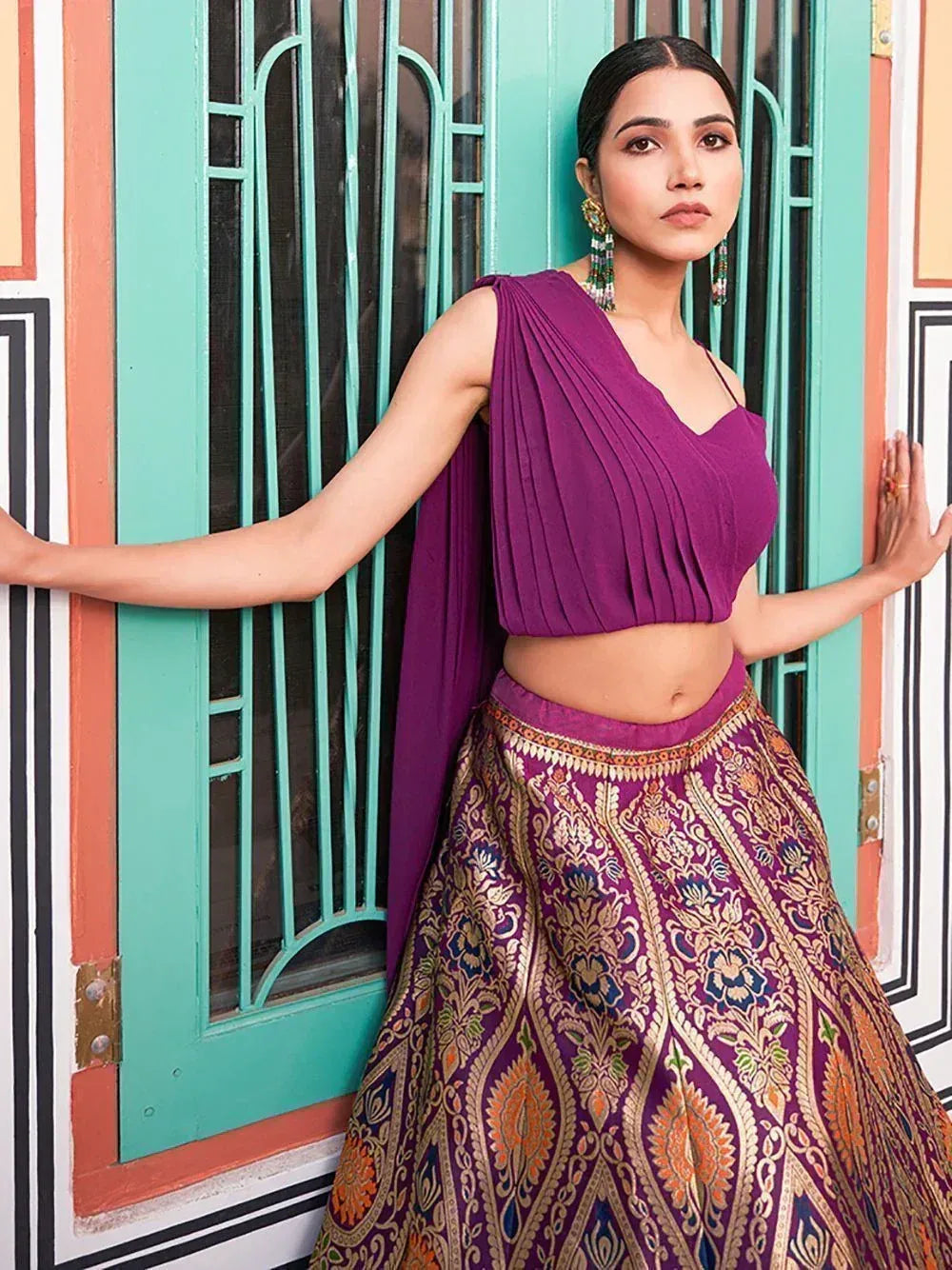 Purple designer lehenga choli with gold floral embroidery, perfect for Indian ethnic wear occasions