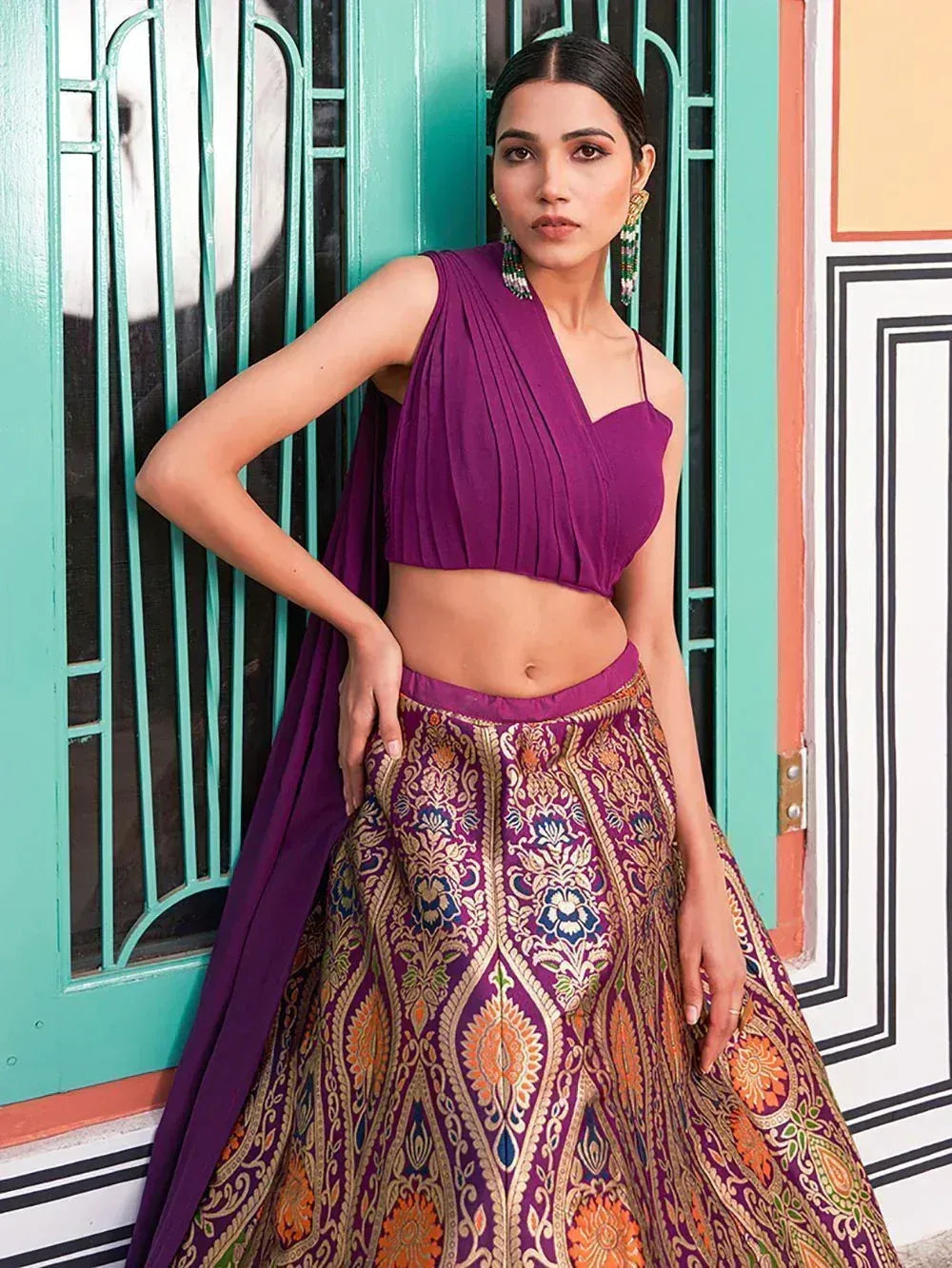 Purple pleated lehenga choli with floral embroidery, ethnic Indian wear for festive occasions