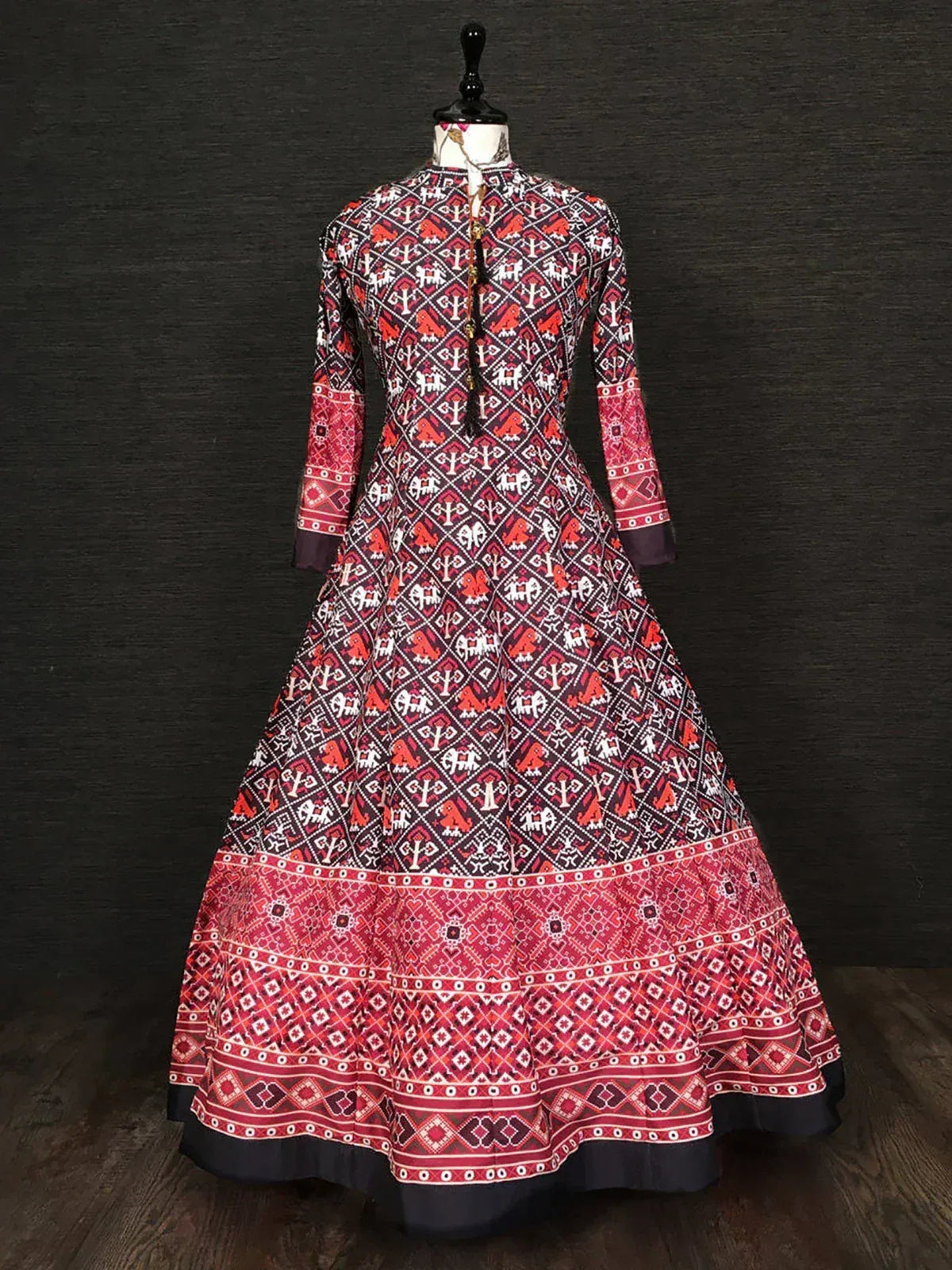 Long sleeve red and black printed Indian ethnic gown with traditional geometric patterns