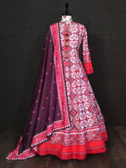 Red and white printed ethnic gown with purple dupatta, Indian designer wear at Ethnic Plus