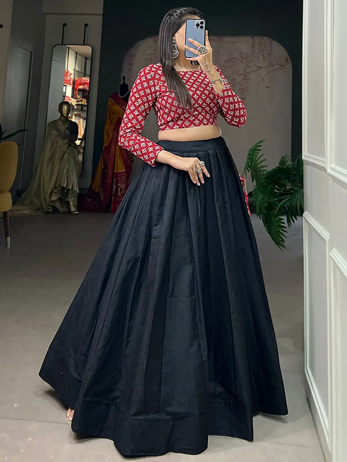Red printed crop top with black pleated lehenga skirt, Indian ethnic wear