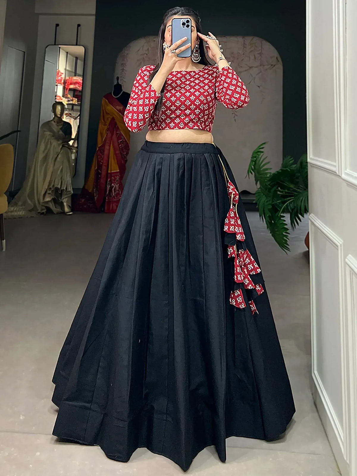 Red printed crop top with black pleated lehenga skirt, Indian ethnic wear