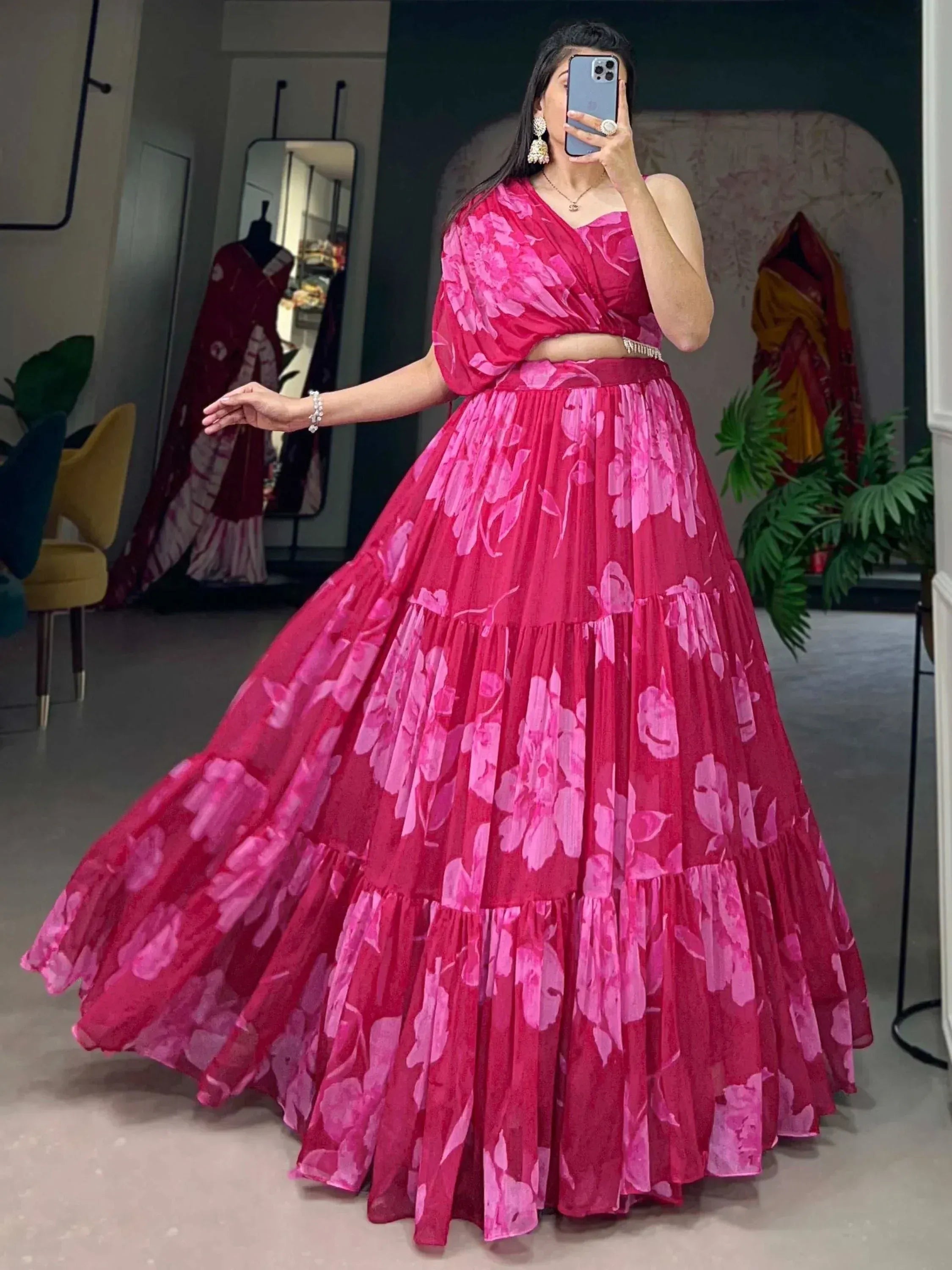 Pink floral lehenga choli with layered skirt, perfect for Indian ethnic wear and festive occasions