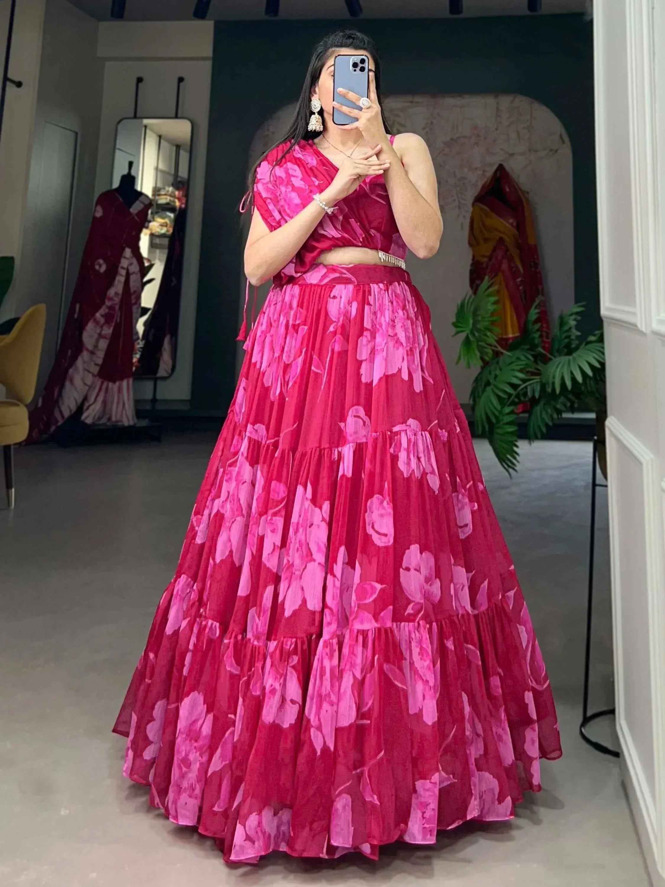 Pink floral lehenga choli with layered skirt, perfect for Indian ethnic wear occasions