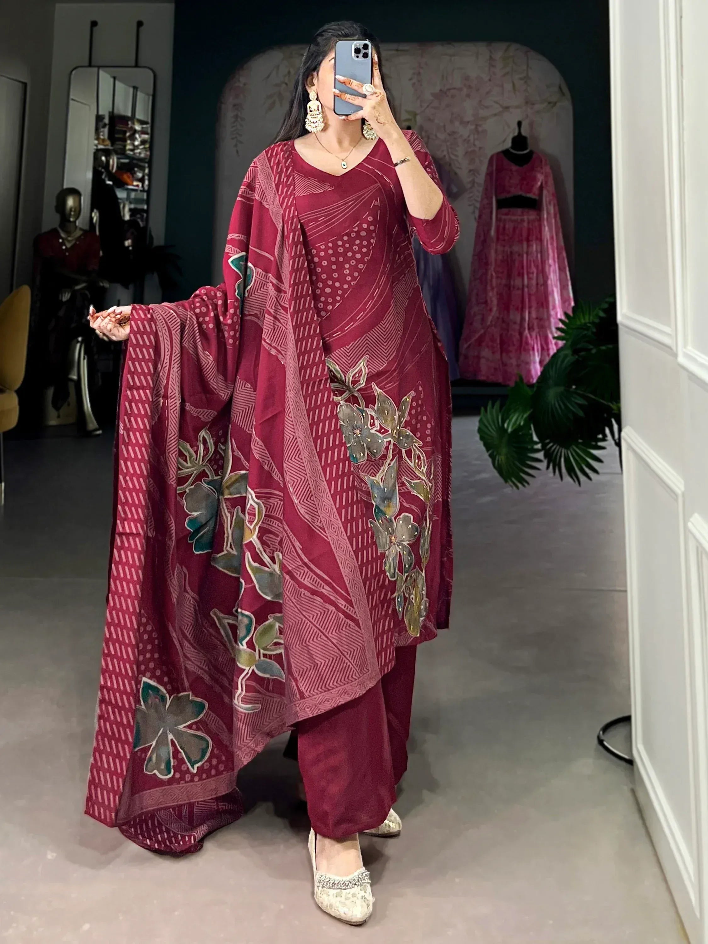 Maroon printed salwar kameez with floral dupatta, ethnic wear for women