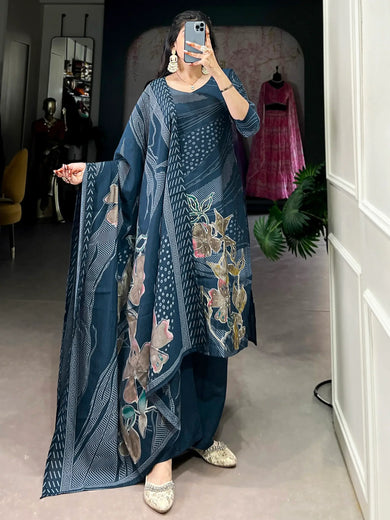 Marvelous Navy Blue Floral Printed Silk Casual Wear Palazzo Suit