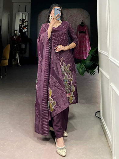 Enchanting Wine Floral Printed Silk Palazzo Suit With Dupatta