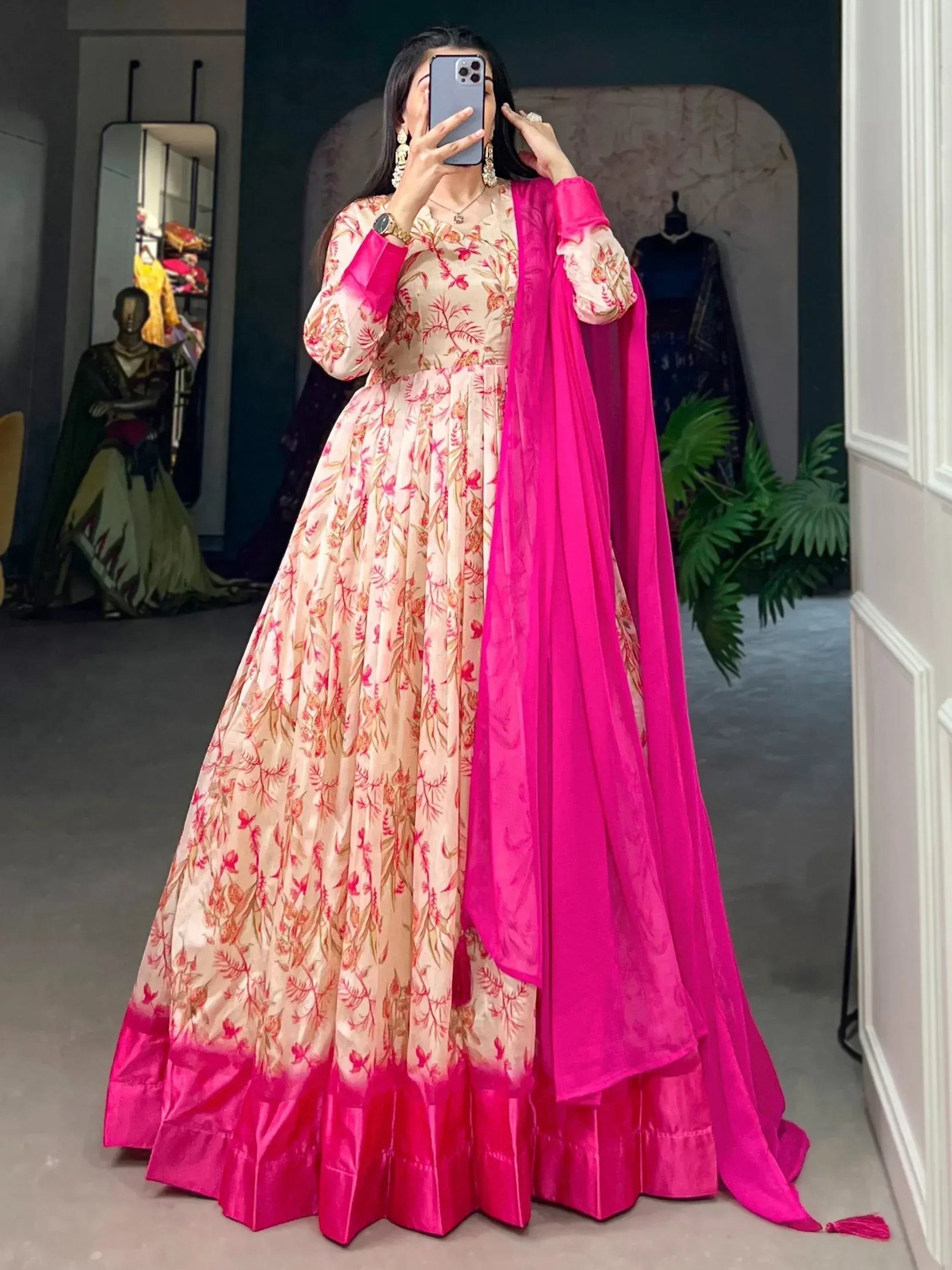 Floral print Indian anarkali with pink dupatta, ethnic wear for women
