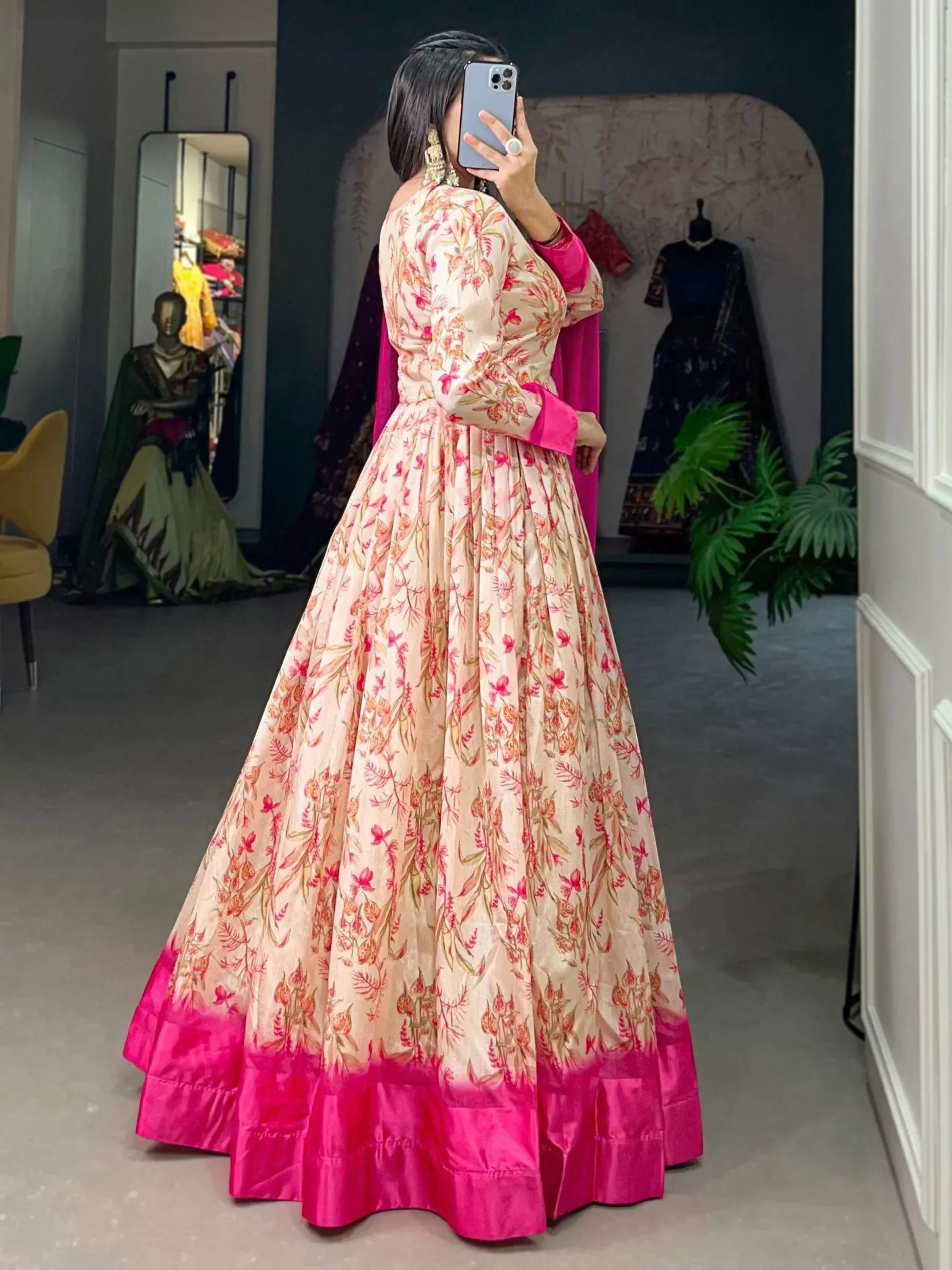 Floral print anarkali gown with pink border, Indian ethnic wear for women