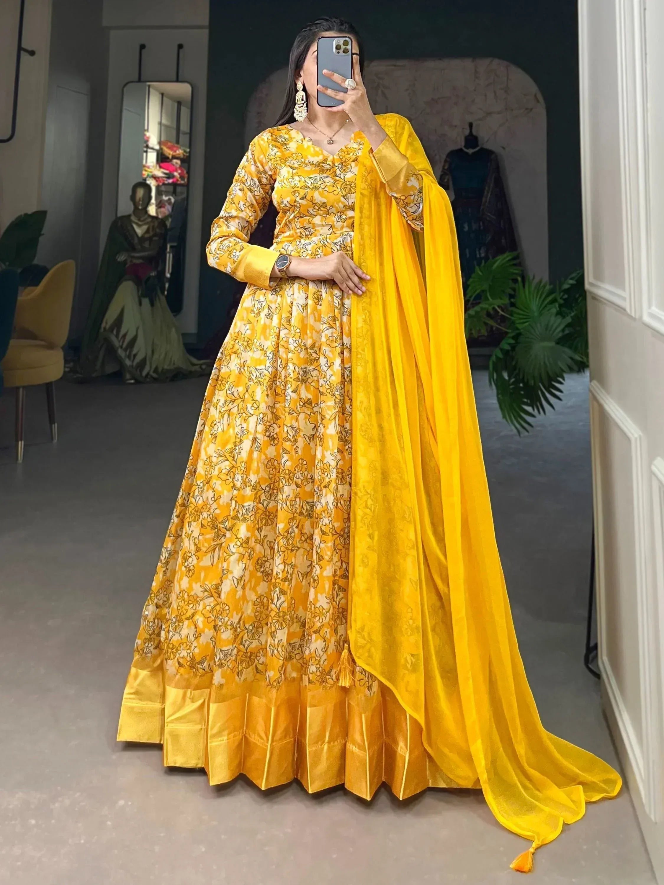 Yellow floral print anarkali suit with matching dupatta, ethnic Indian wear for women