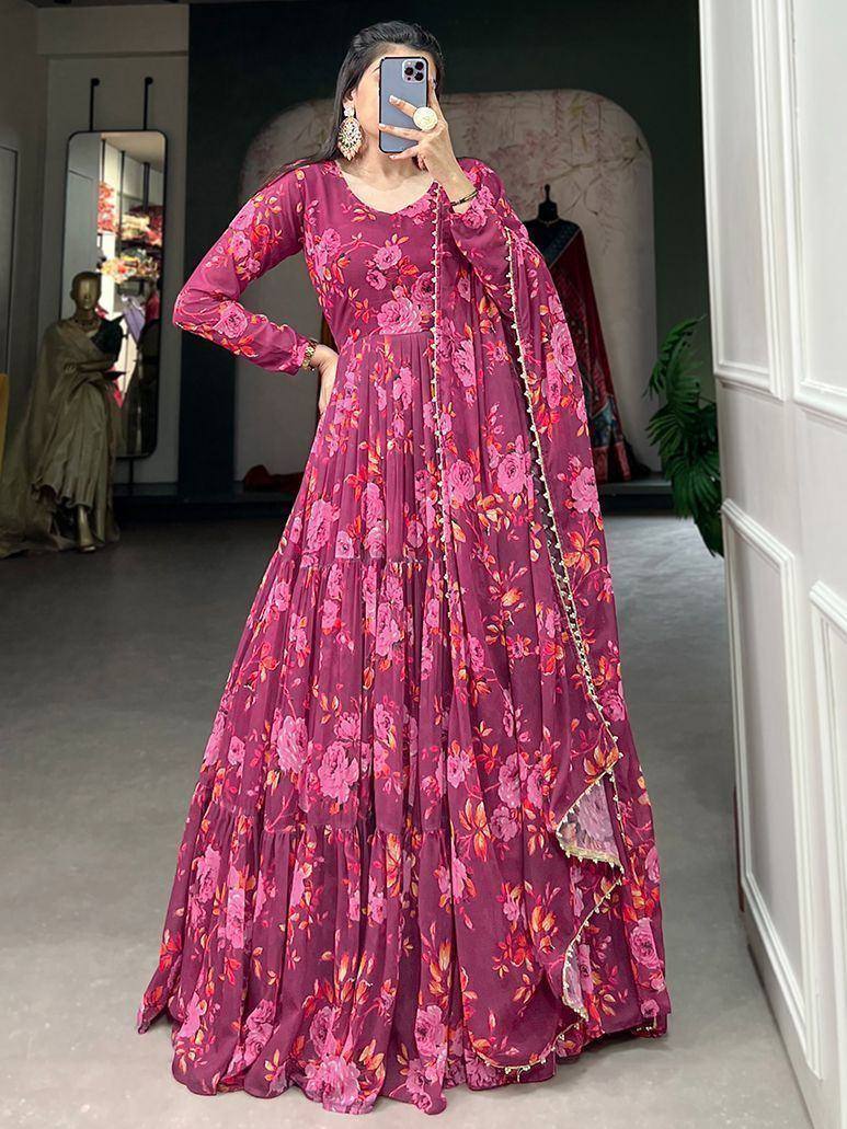 Pink floral ethnic gown with long sleeves and dupatta, perfect for Indian occasions