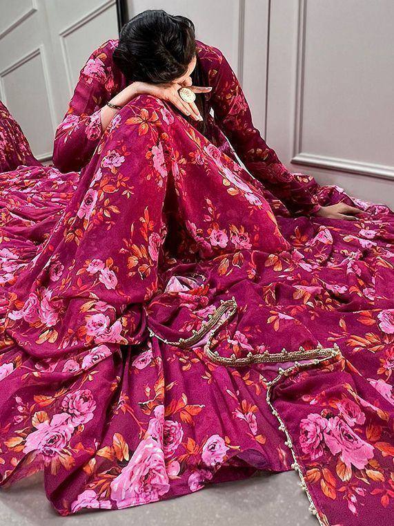 Elegant maroon floral lehenga choli with gold trim, perfect for Indian ethnic occasions