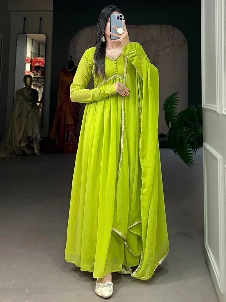 Vibrant lime green ethnic gown with gold trim, perfect for Indian occasions and festive wear.