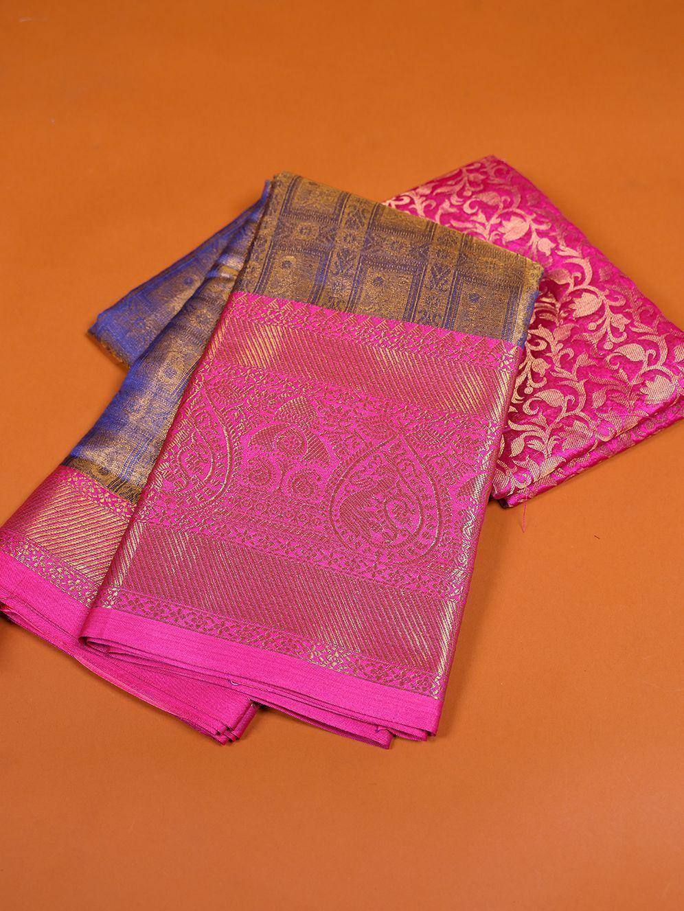 Pink and blue designer sarees with gold zari work, ethnic Indian wear