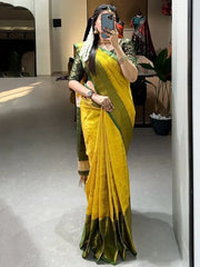 Beautiful Yellow Zari Weaving Kanjivaram Wedding Saree With Blouse