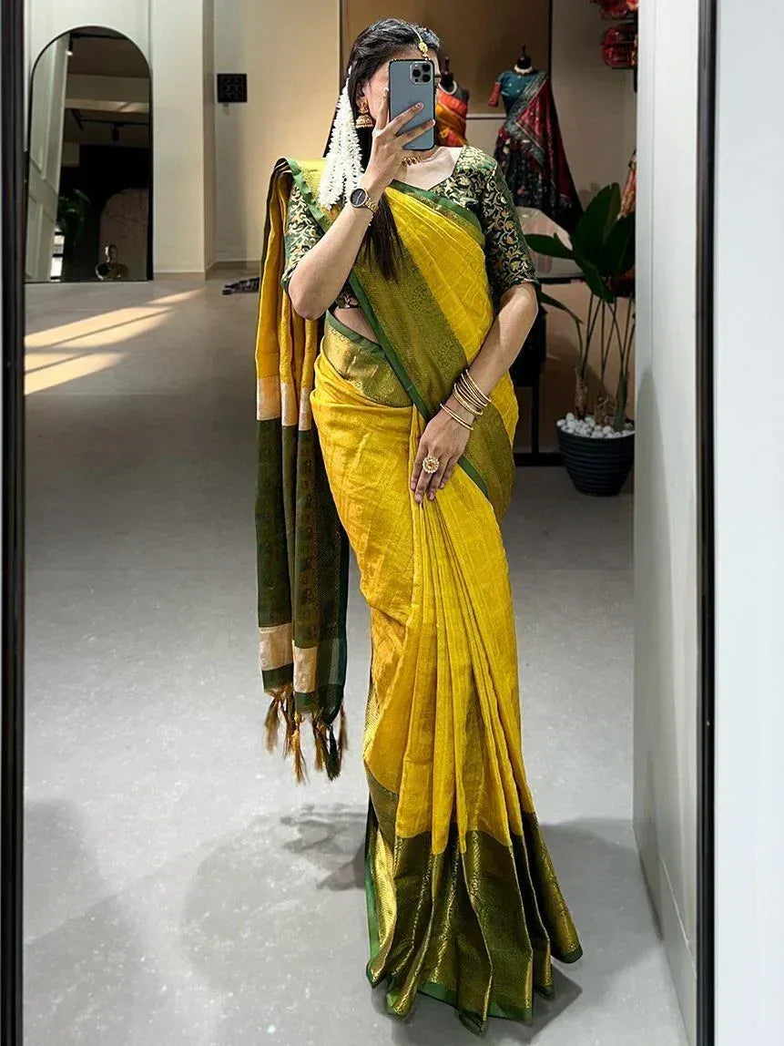 Yellow and green silk saree with embroidered blouse, perfect for Indian ethnic occasions