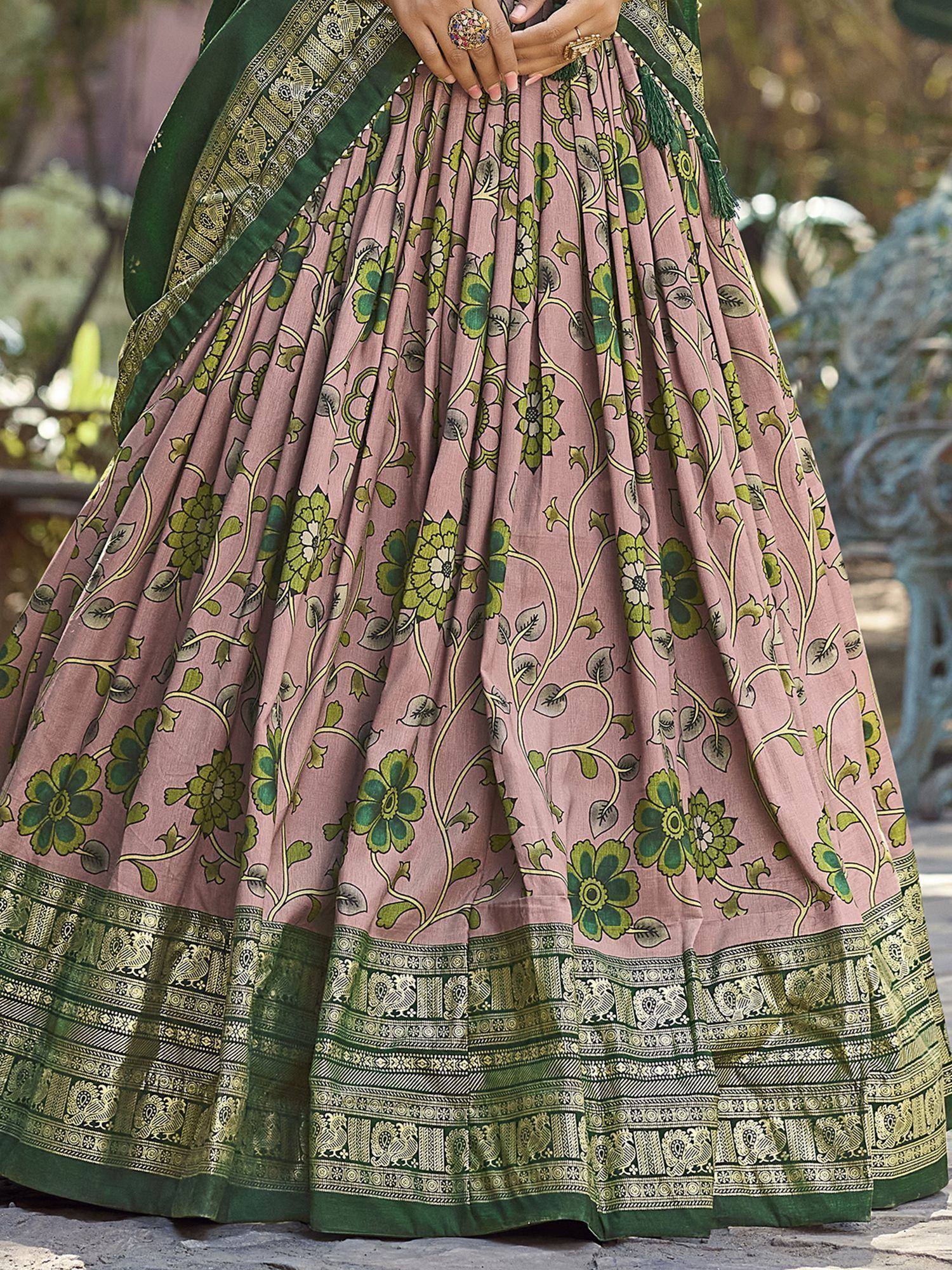 Pink floral print lehenga with green border, ethnic Indian wear for women