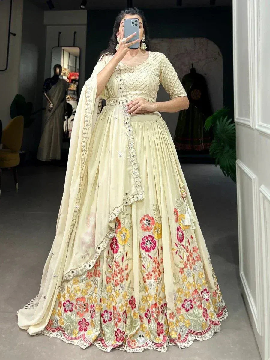 Cream floral embroidered lehenga choli with dupatta, Indian ethnic wear for weddings and parties