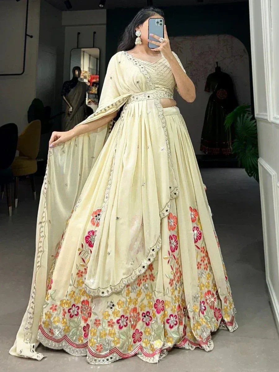 Cream floral embroidered lehenga choli with dupatta, Indian ethnic wear for weddings and parties