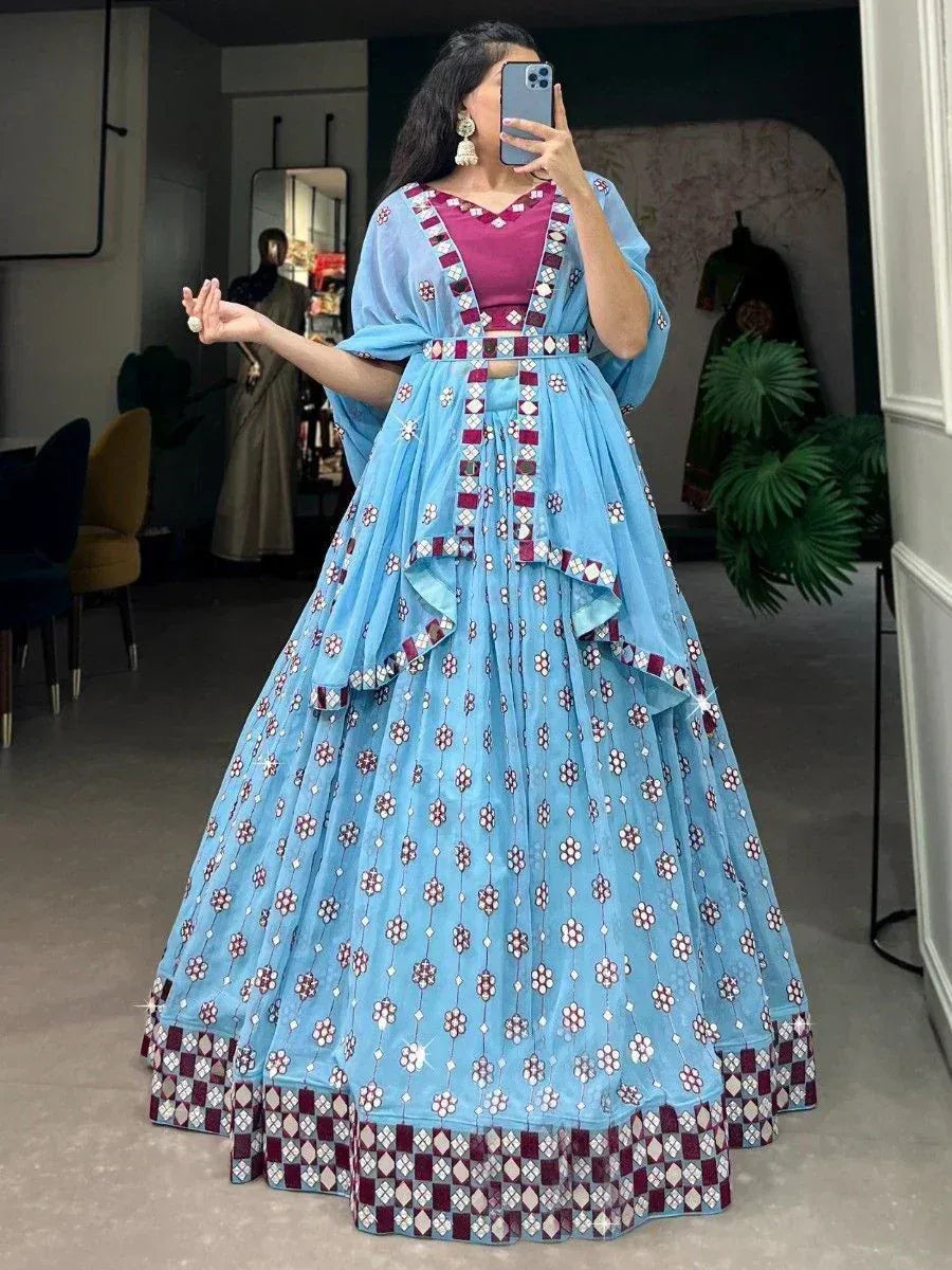 Blue printed lehenga choli with maroon accents, perfect for Indian ethnic wear and festive occasions