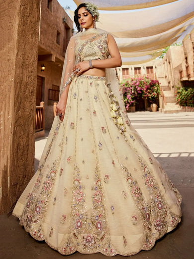 Lovable Cream Sequins Tissue Silk Pastel Lehenga Choli With Dupatta - Ethnic Plus In
