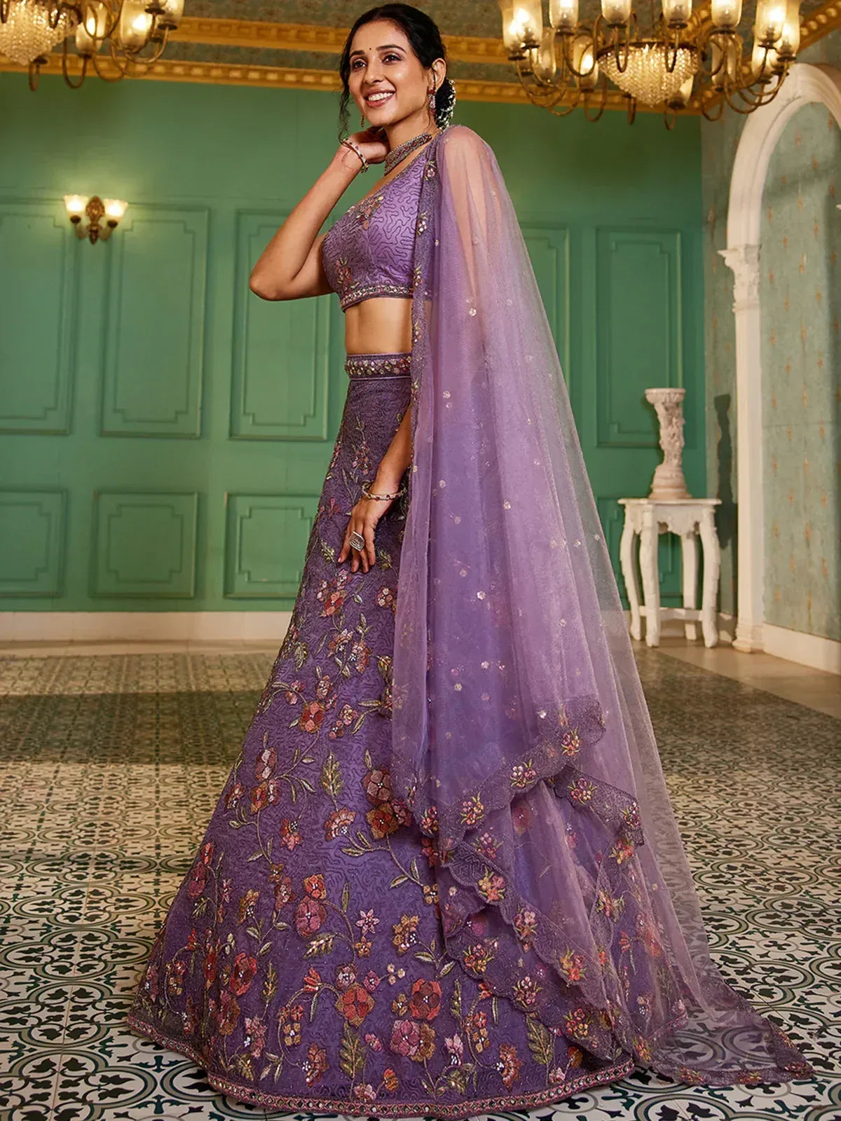 Purple floral embroidered lehenga choli with sheer dupatta, perfect for Indian ethnic occasions
