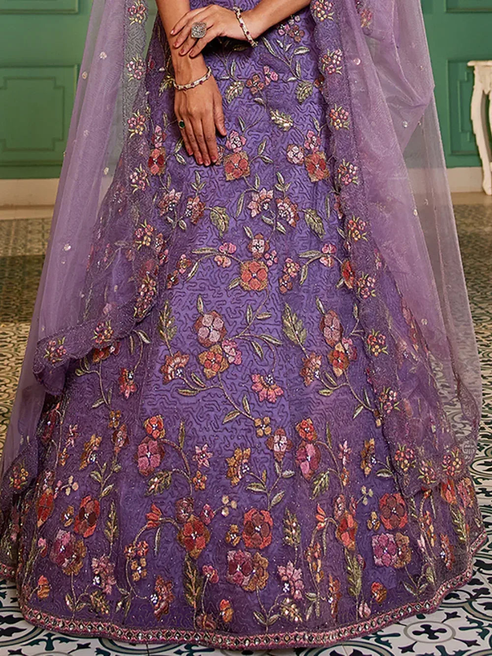 Purple floral embroidered lehenga choli with sheer dupatta, Indian ethnic wear