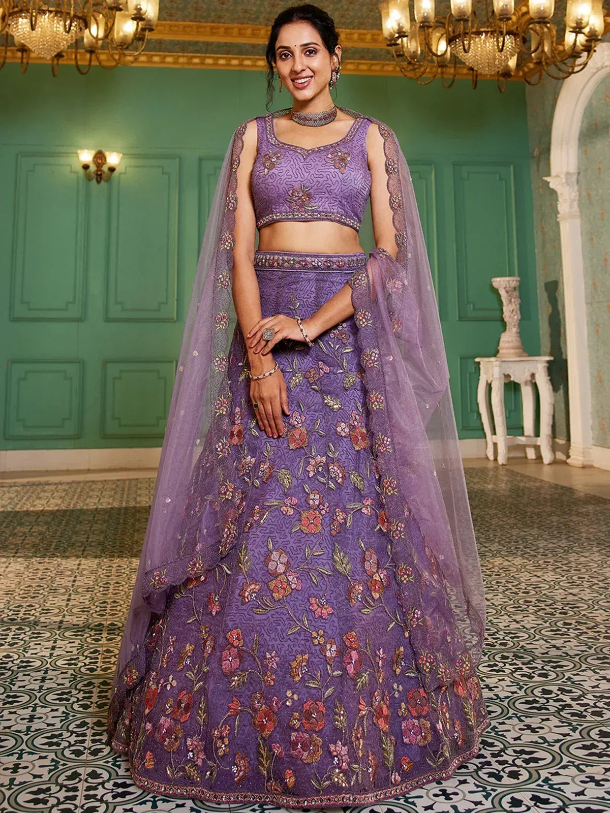 Purple floral embroidered lehenga choli with sheer dupatta, Indian ethnic wear for weddings and festivals