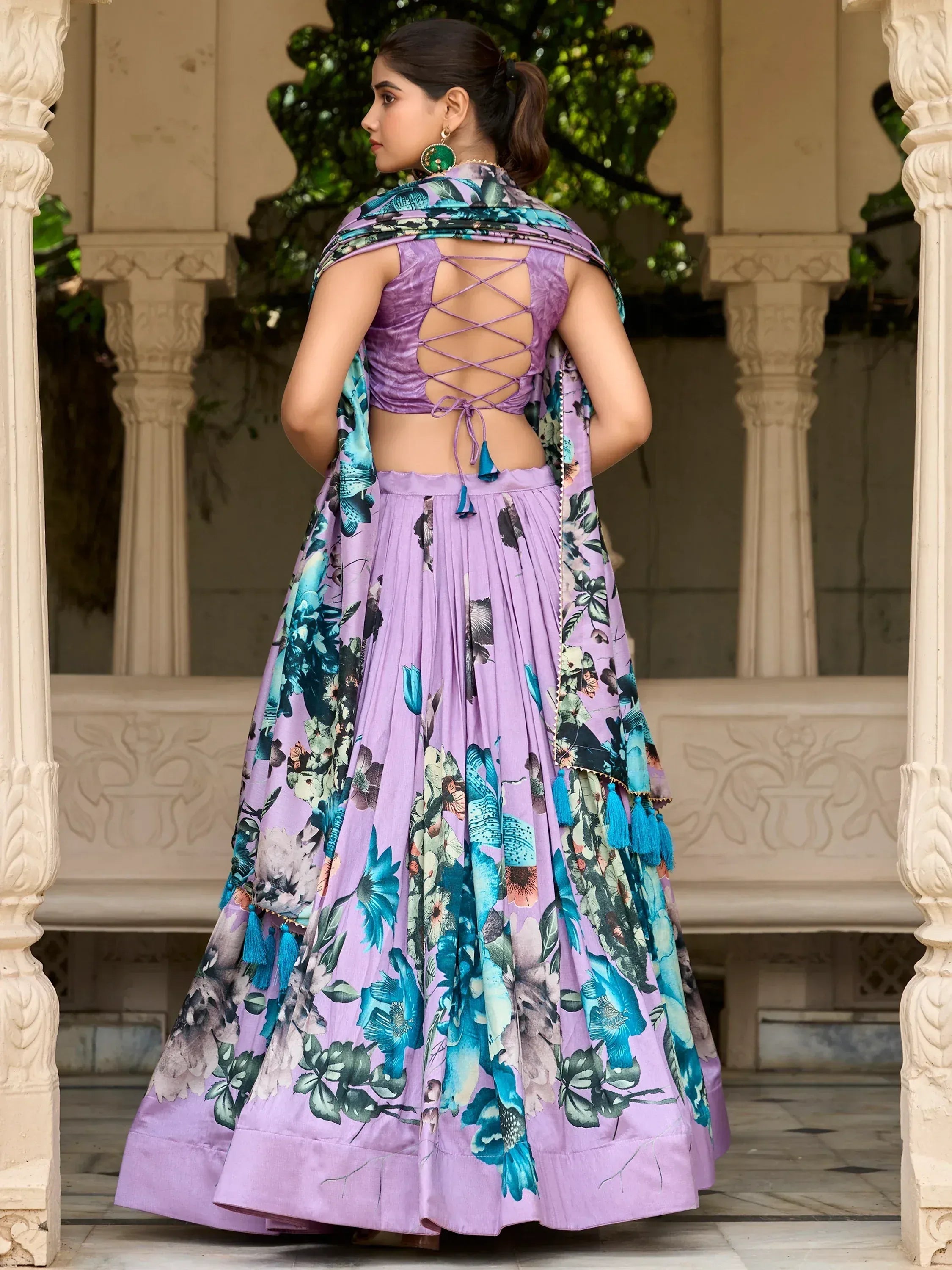 Purple floral lehenga choli with back crisscross blouse and tassel dupatta, Indian ethnic wear